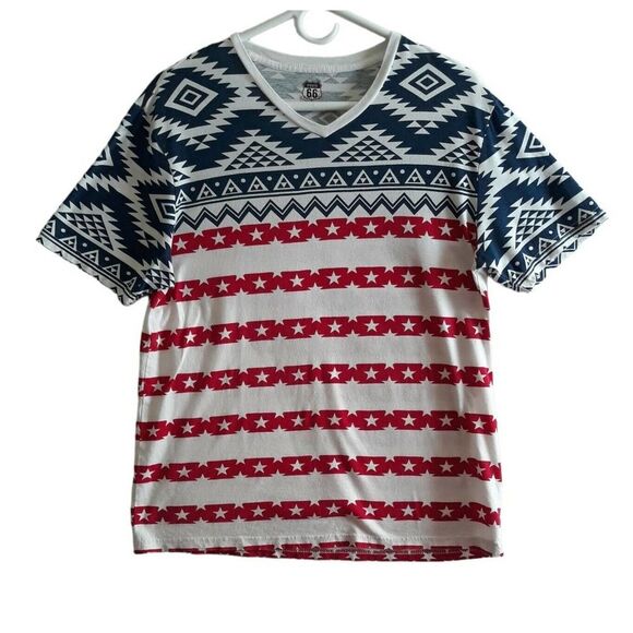 Route 66 T Shirt Men Large Red White Blue Stars Short Sleeves V Neck Lightweight - Picture 1 of 9